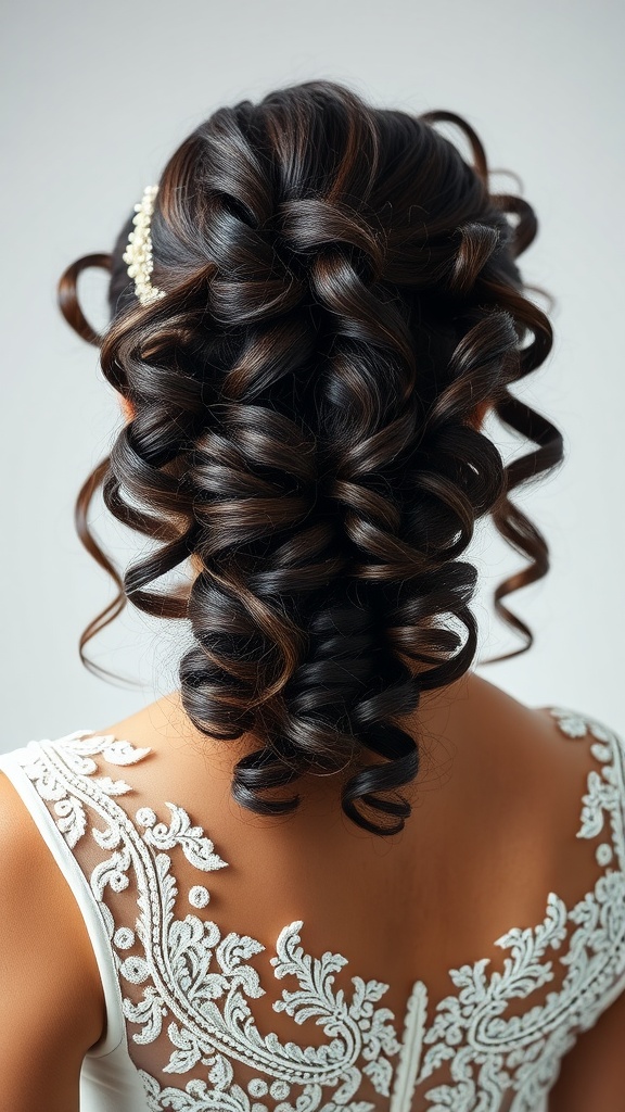 Bridal curly hairstyle featuring color accents and elegant details