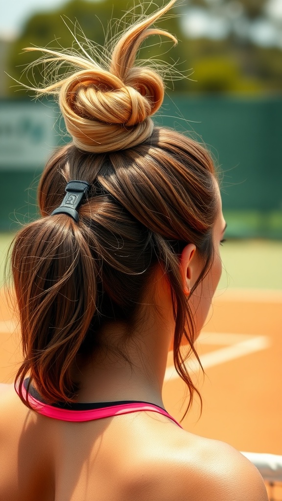 A woman with a stylish top knot hairstyle, showcasing a casual yet functional look perfect for tennis.