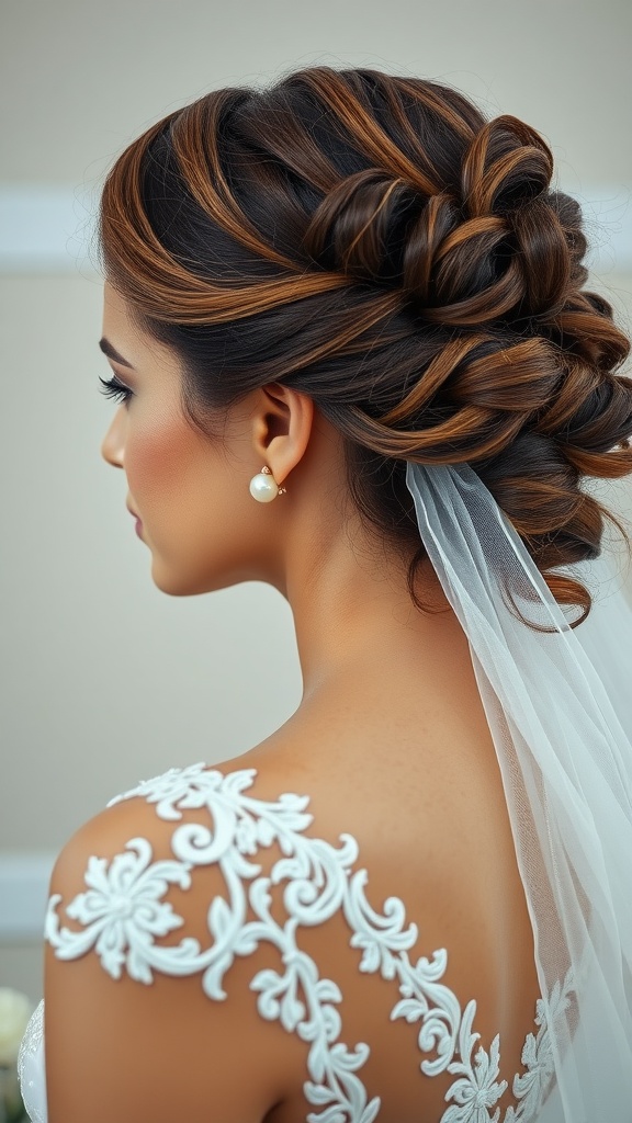 A bride with elegant side-swept curls adorned with a veil and pearls.