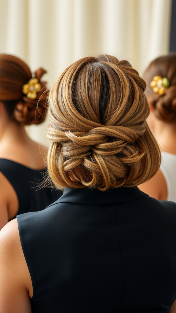 A view of an elegant updo hairstyle on a bob cut, showcasing intricate twists and curls.