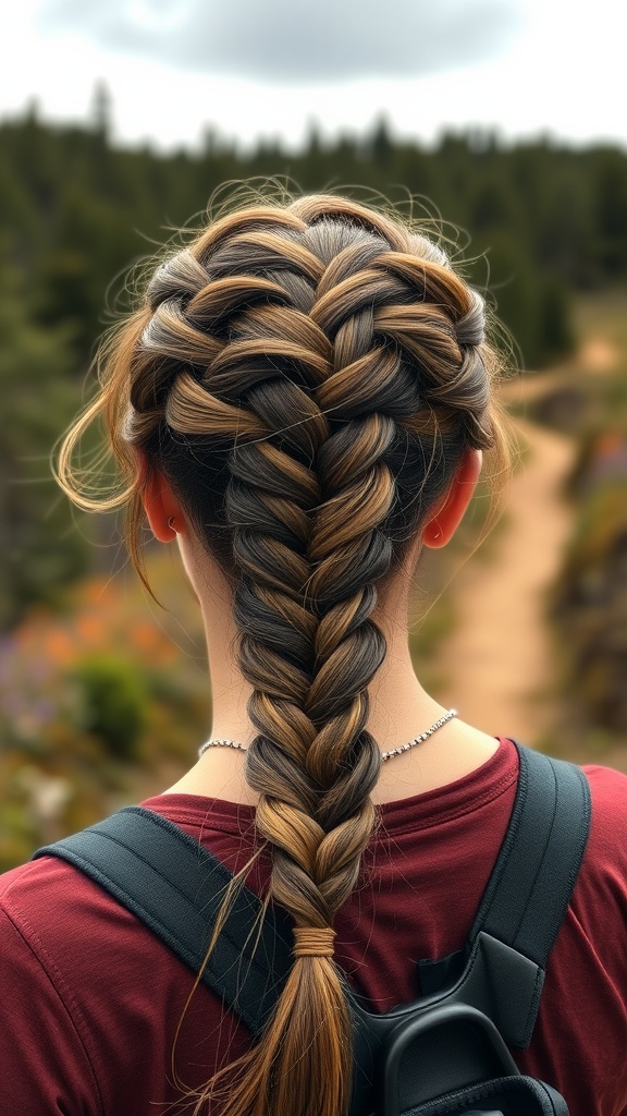Back view of a woman with a fishtail braid, surrounded by nature, showing a mix of brown and blonde hair colors.