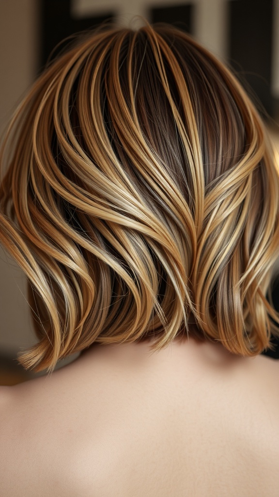 Close-up of a layered bob hairstyle with blonde highlights
