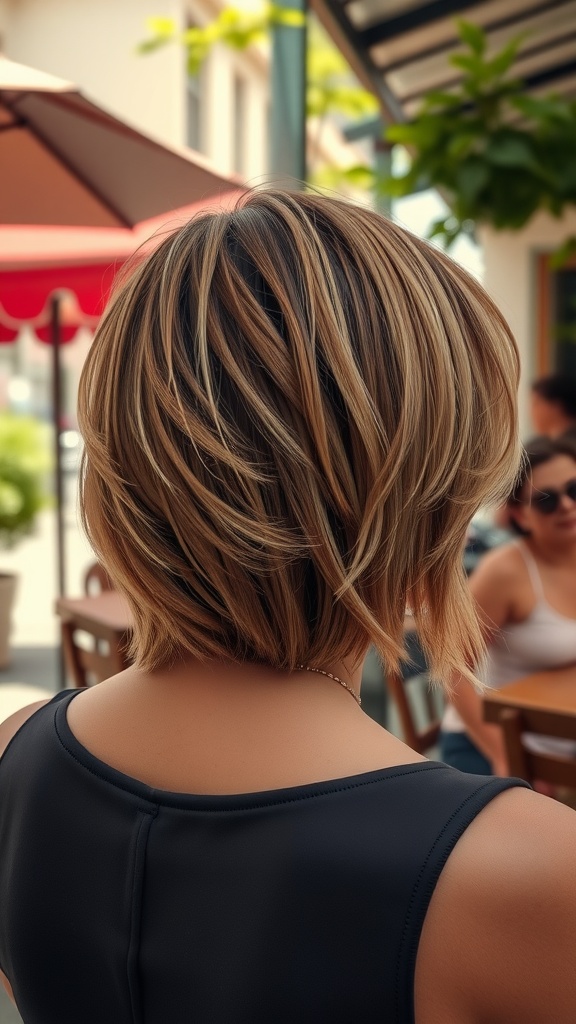 A woman with a layered shag haircut, showcasing its texture and carefree style.