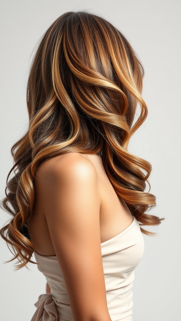 A woman with loose, wavy hair complementing a strapless dress
