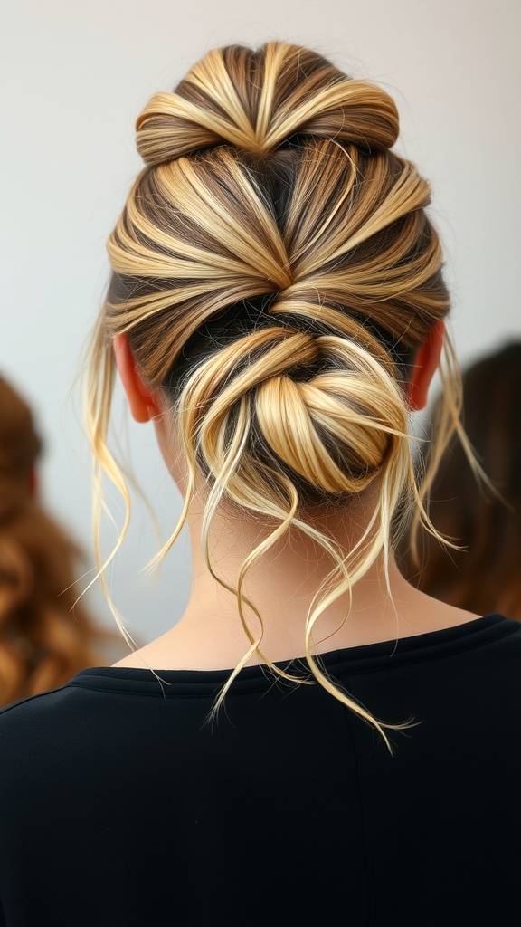 A messy pintail bun hairstyle with loose strands and highlights