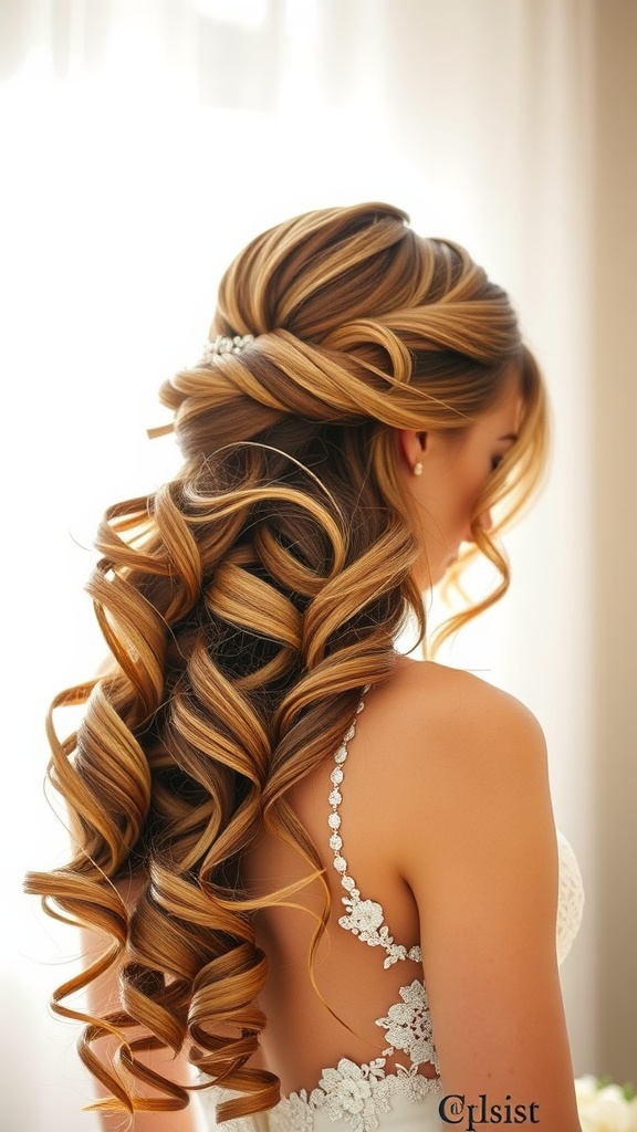 Bride with romantic loose curls styled elegantly