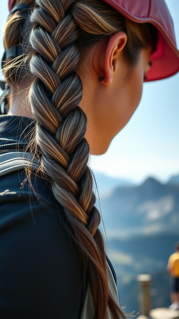 A close-up of a person's sleek braid, wearing adventure gear against a scenic outdoor backdrop.