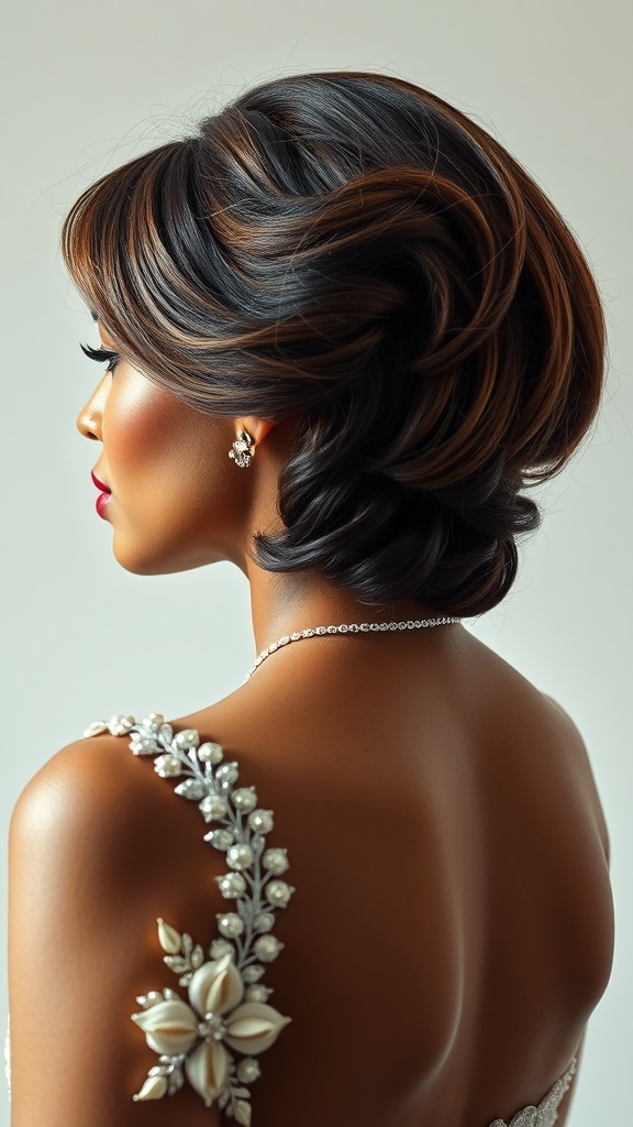 Bride with a sleek curly bob hairstyle, showcasing elegant curls and subtle highlights.