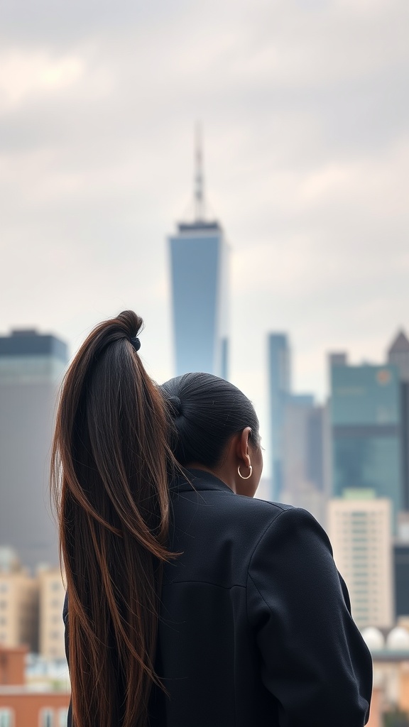 A woman with long hair styled in a sleek high ponytail, standing against a city skyline.