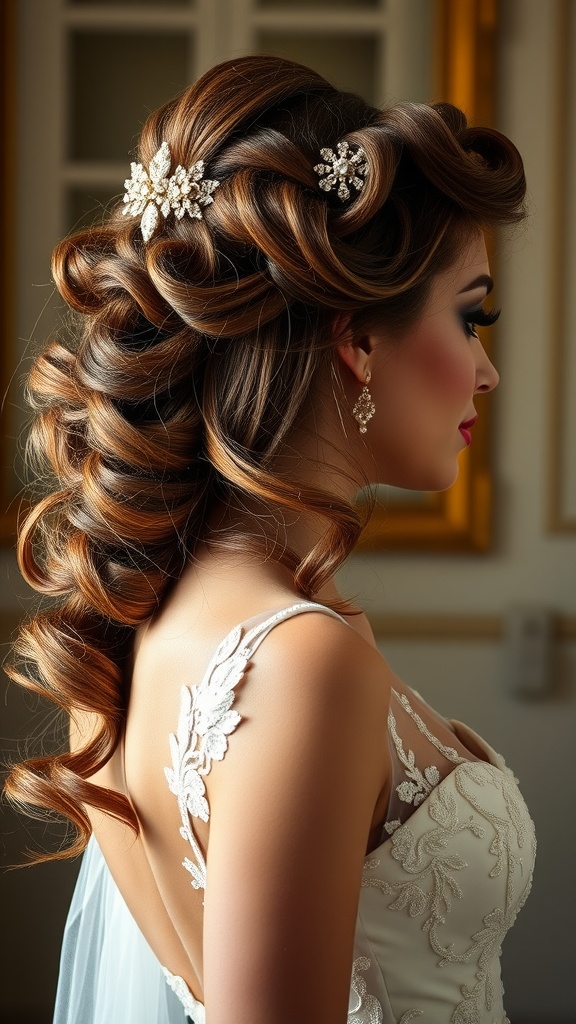 Bride with vintage Hollywood waves hairstyle, adorned with hair accessories