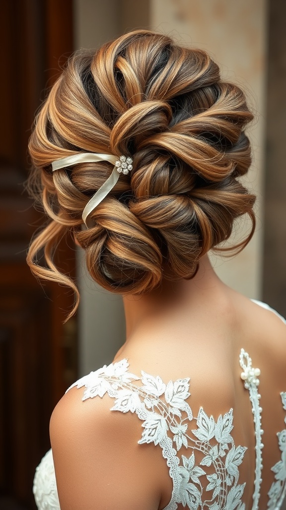 A bride showcasing a whimsical curly braid hairstyle with ribbon detail.