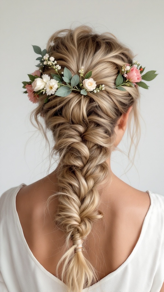 Bohemian braided updo with flowers