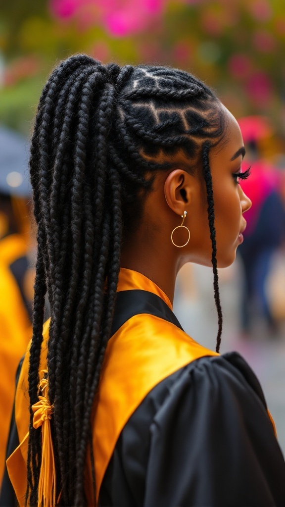 A graduate with bold box braids styled in a high ponytail, wearing a black graduation gown with an orange sash.