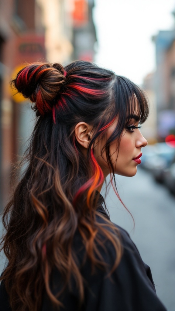 A woman with half up half down curly hair featuring bold color highlights in a street setting.