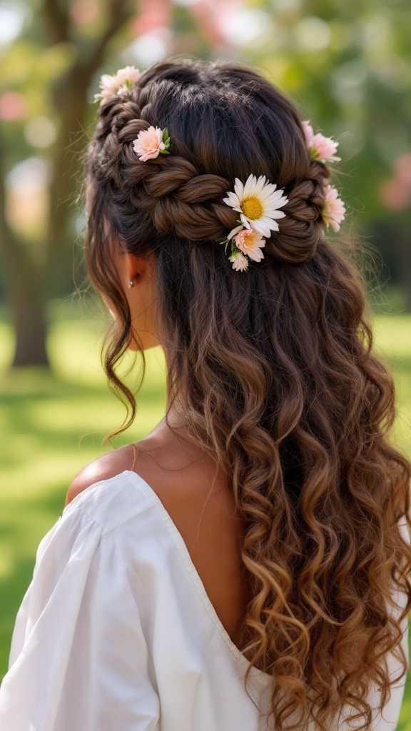 A woman with curly hair styled in a braided crown with flowers, set in a green outdoor background.