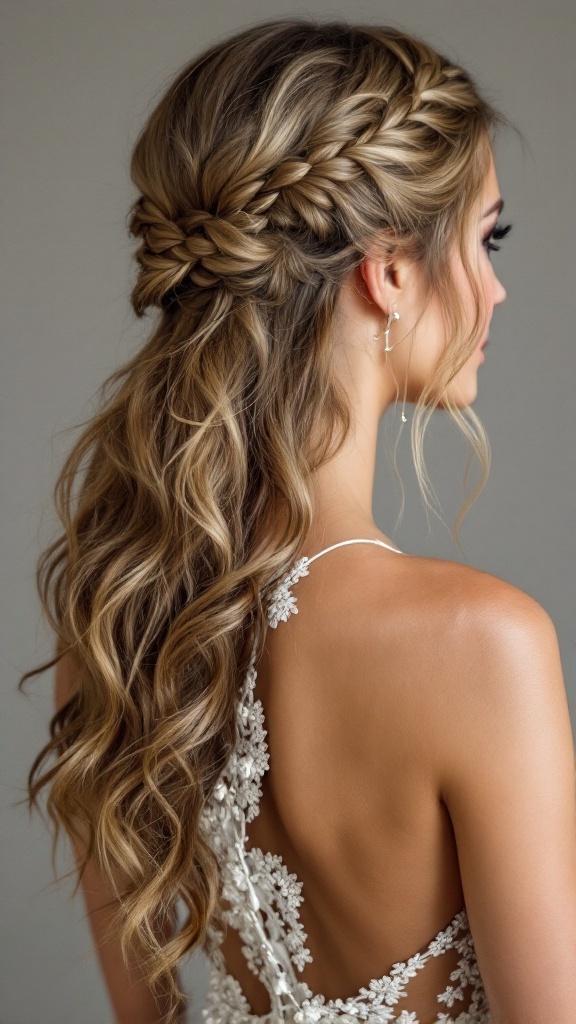 A woman with a braided crown hairstyle and loose waves, showcasing elegance for prom.