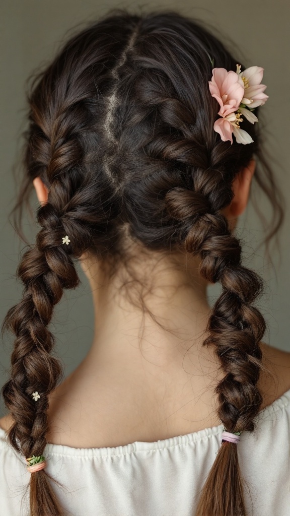 Close-up of two braided pigtails adorned with flowers