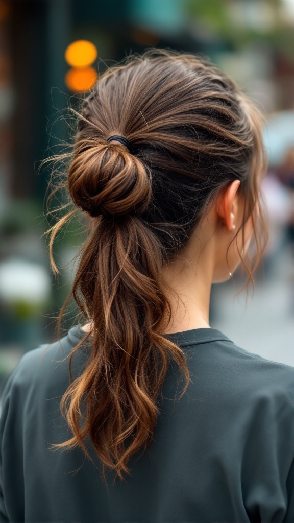 A woman with a casual bubble ponytail hairstyle, showcasing a relaxed yet stylish look.
