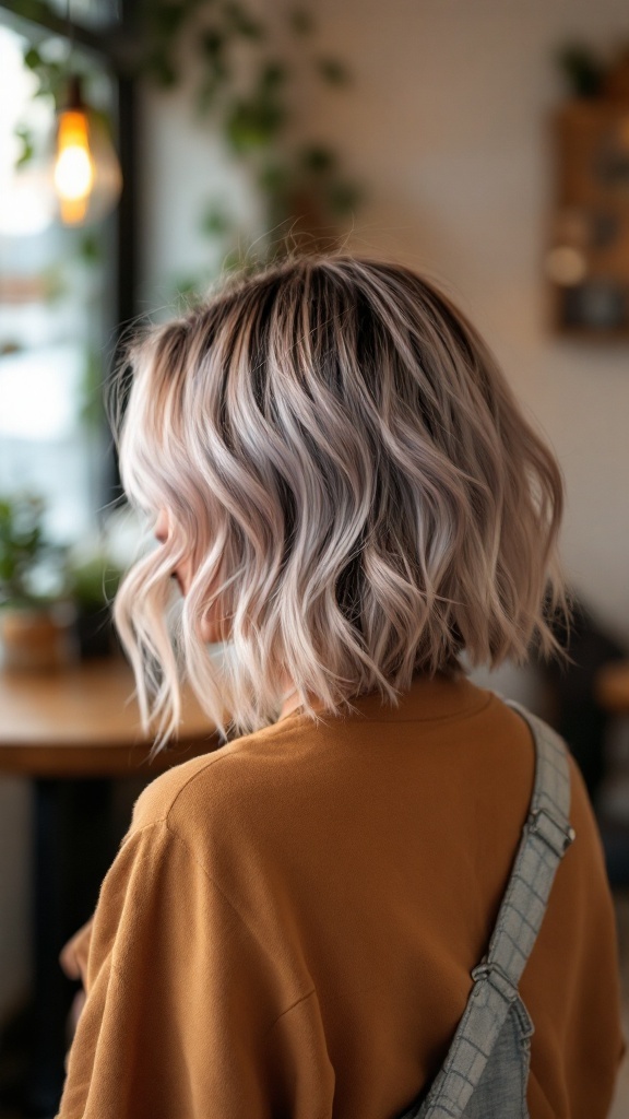 A woman with a choppy wolf cut hairstyle featuring soft waves and lighter shades, showcasing a playful look.