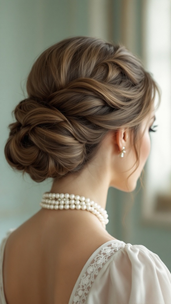 A woman with a classic French twist hairstyle accessorized with pearls.