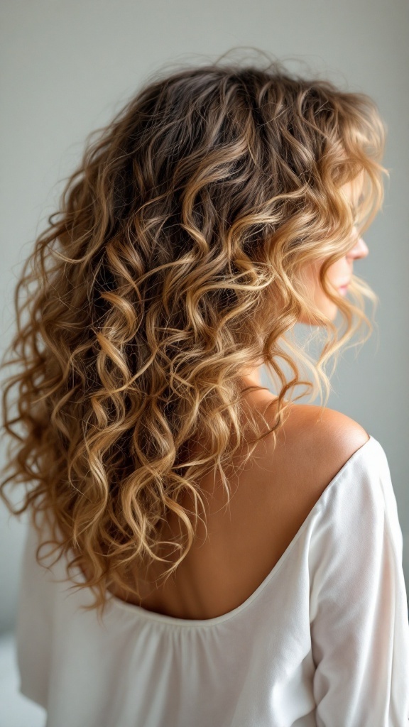 A woman with curly hair styled in layers, showcasing volume and movement.
