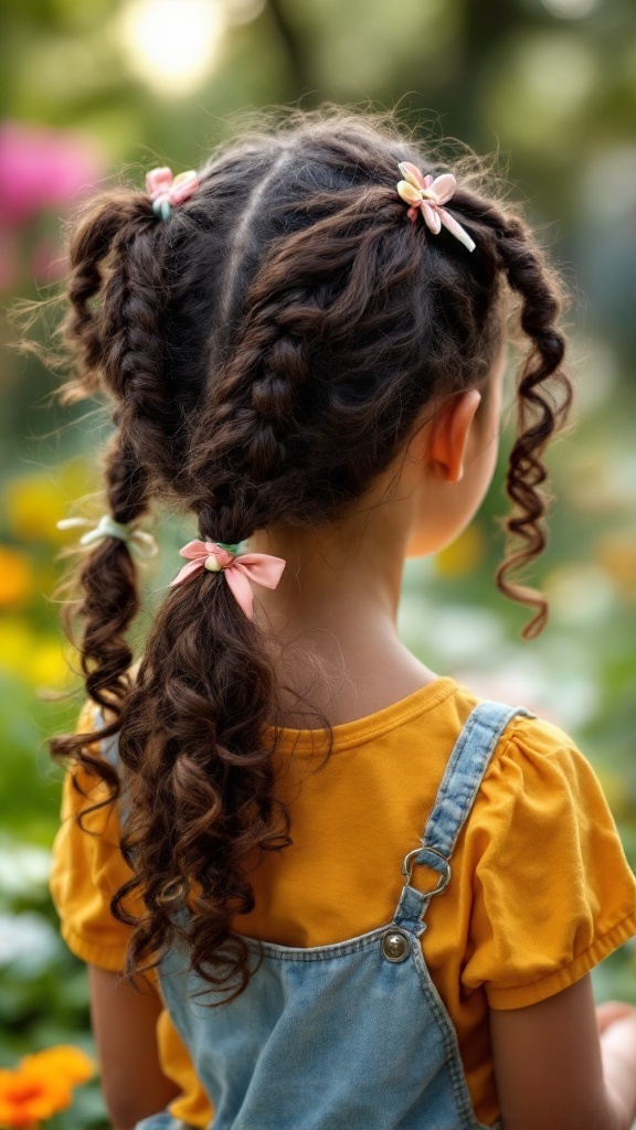 A girl with curly pigtails, decorated with colorful hair clips, enjoying a sunny day.