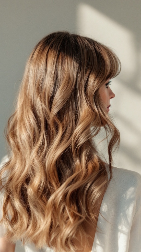 A woman with curtain bangs and wavy hair featuring ombre highlights