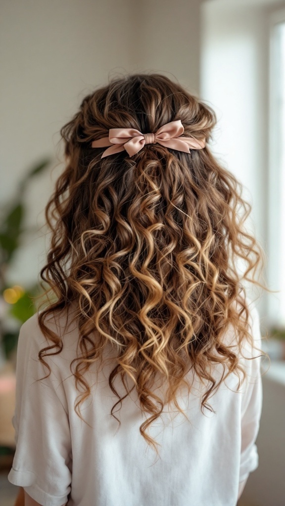 A woman with defined, curly hair styled with a pink bow at the back.
