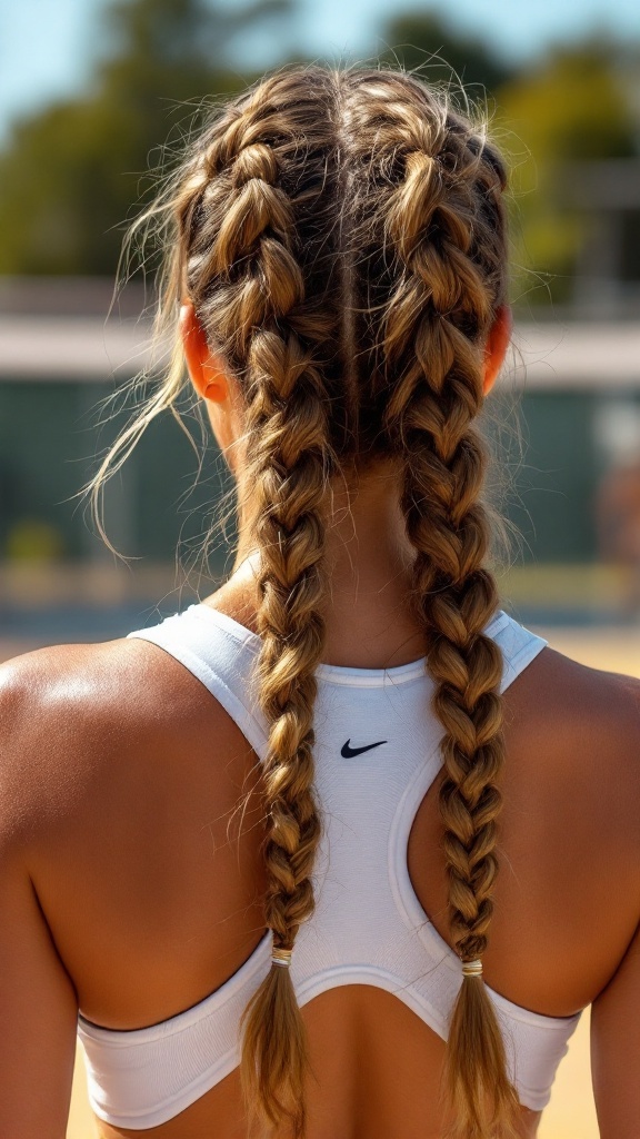 A person with two Dutch braids, wearing a sports top, showcasing a volleyball hairstyle.
