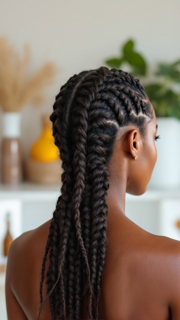 A close-up of a woman's back hairstyle featuring dynamic zigzag parted braids.