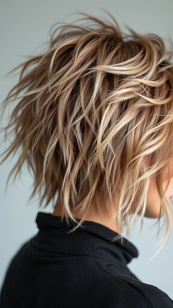 A close-up view of a woman's back showing an edgy shaggy wolf cut hairstyle with layered blond hair.