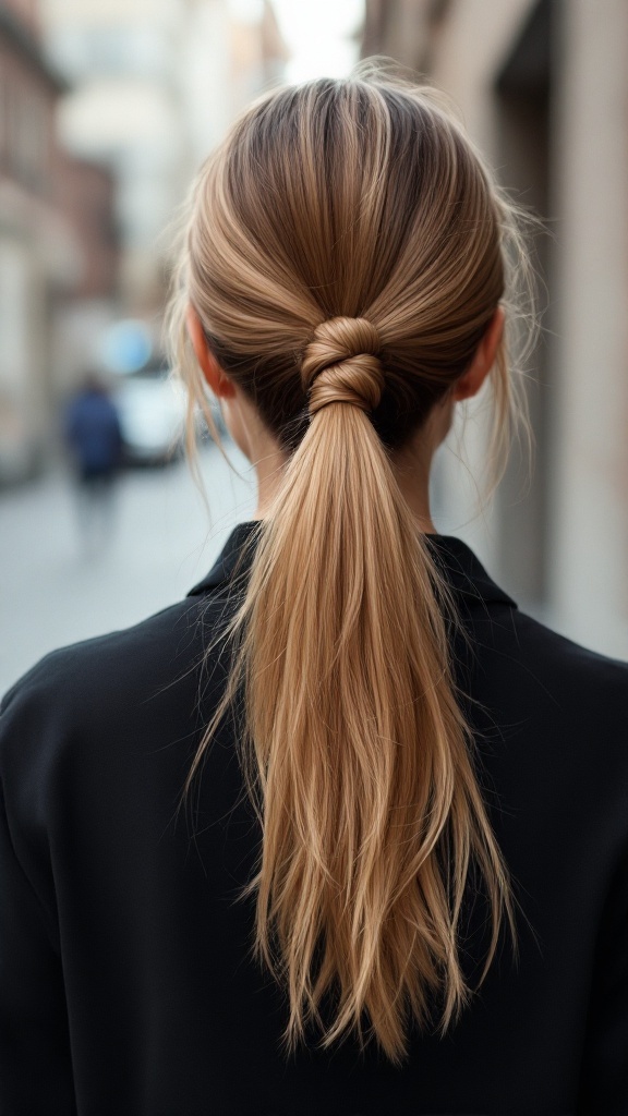 A woman with a sleek ponytail featuring a twist detail, showcasing a stylish and effortless hairstyle.
