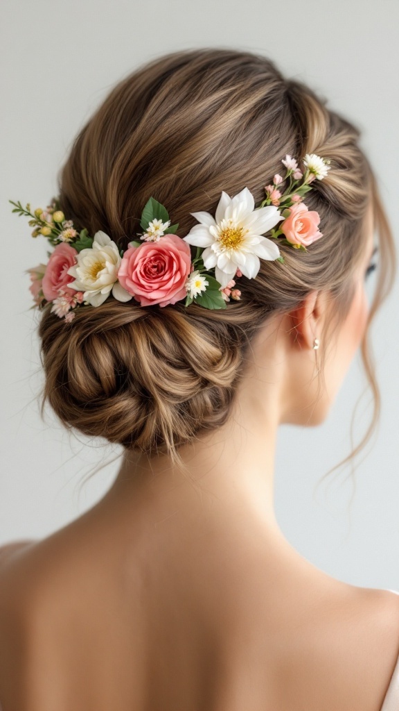 Elegant chignon hairstyle adorned with floral accents