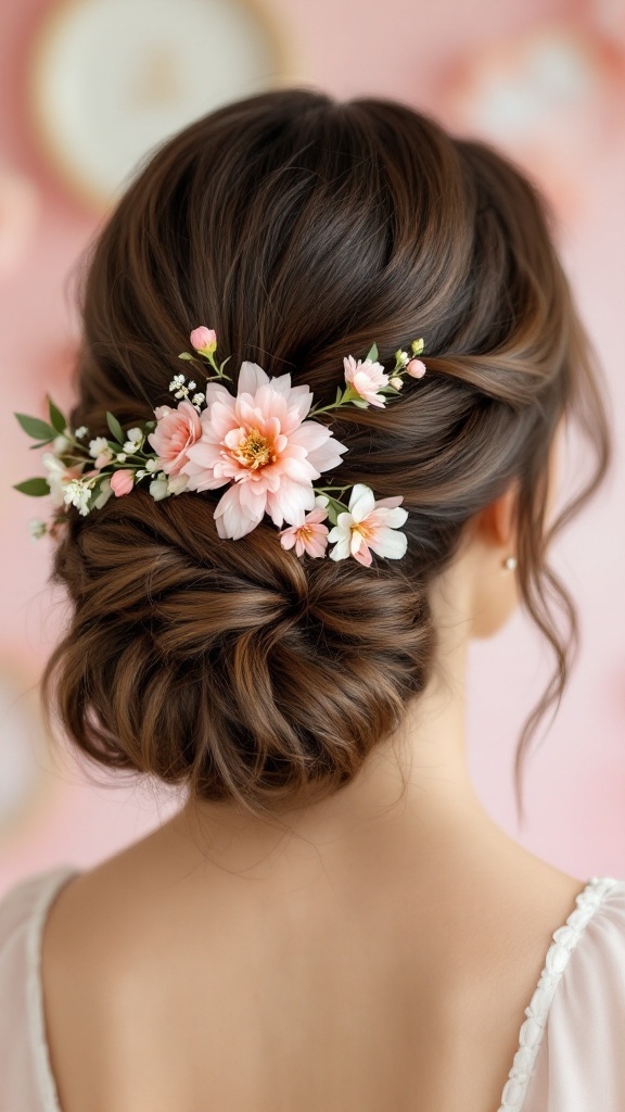 A beautiful updo hairstyle with pink flowers and greenery, perfect for a baby shower.