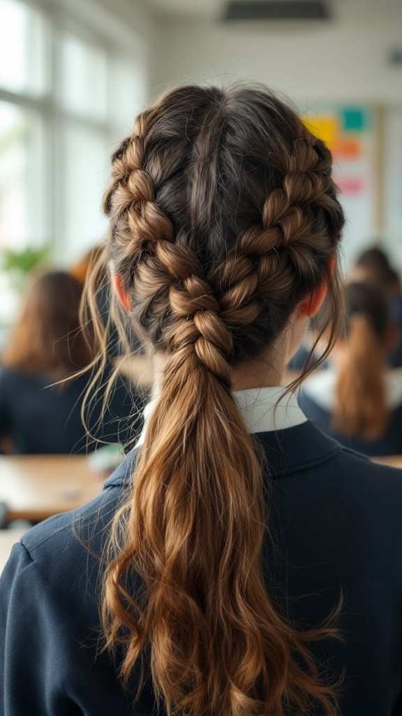 A girl with half-up braided crown hairstyle in a school setting