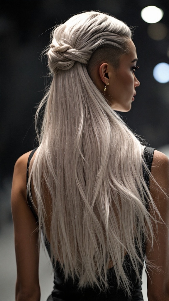 A person with long, elegant wolf cut hairstyle, featuring light hair color and a unique braid on one side.