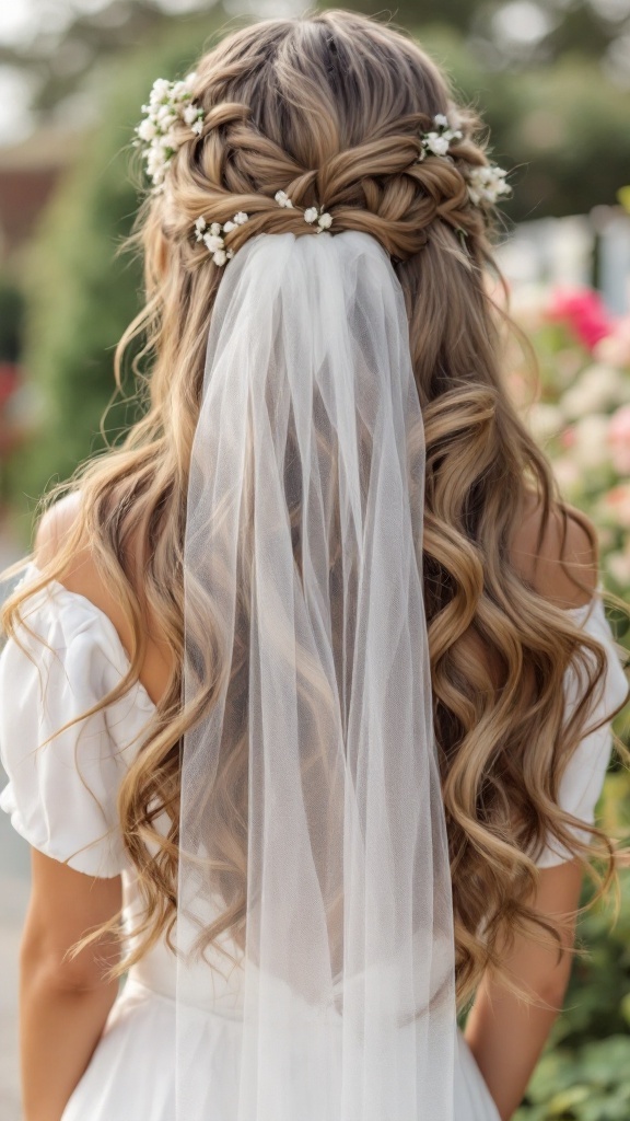A bride with loose waves styled with a cathedral veil and floral accents.