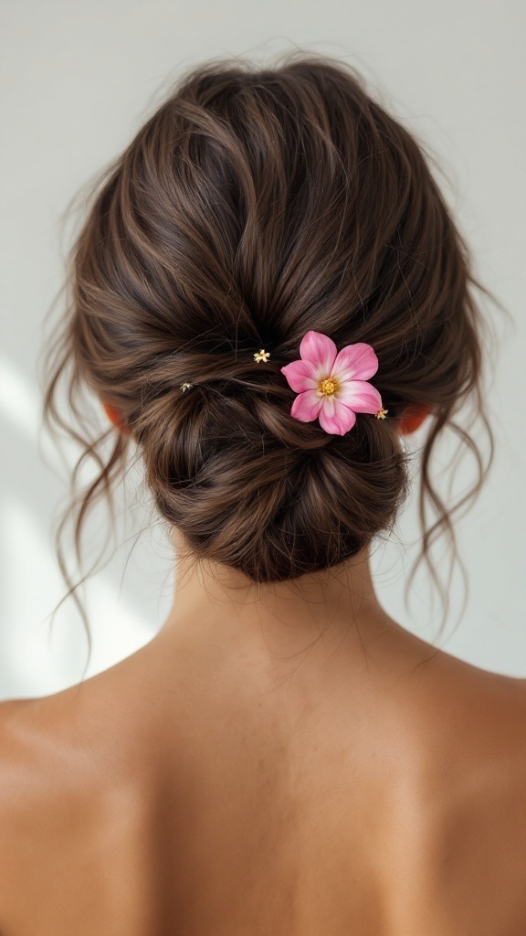 A woman with a low bun hairstyle decorated with a pink flower clip