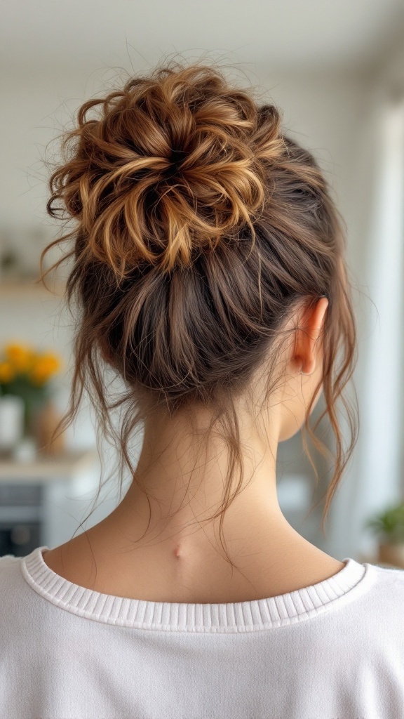 A woman with a messy bun hairstyle that showcases curly strands, viewed from the back