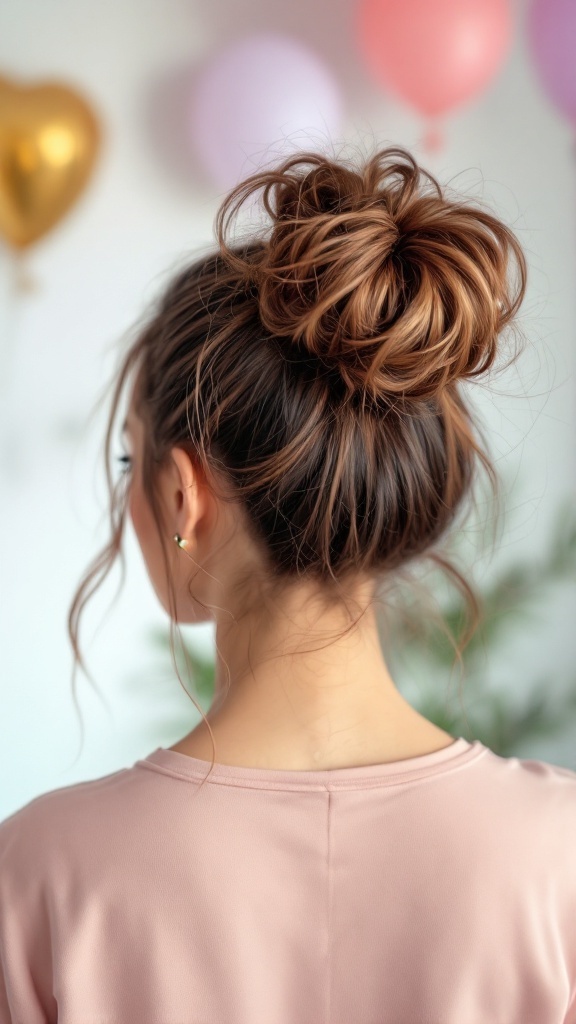 A woman with a messy bun secured with a statement hairpin, set against the backdrop of colorful balloons.