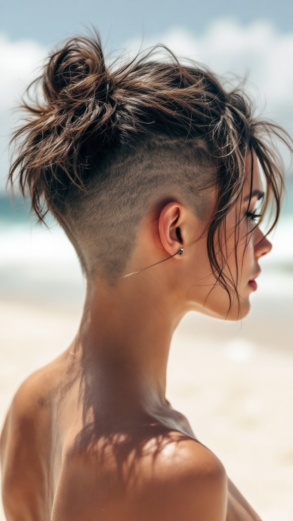 A woman with a messy wolf cut hairstyle, featuring short sides and longer top layers, styled with texturizing spray for a carefree look.