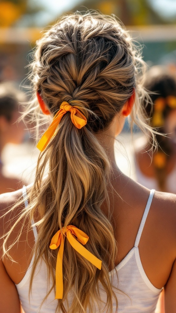 A hairstyle featuring pigtails tied with yellow ribbons, perfect for volleyball.