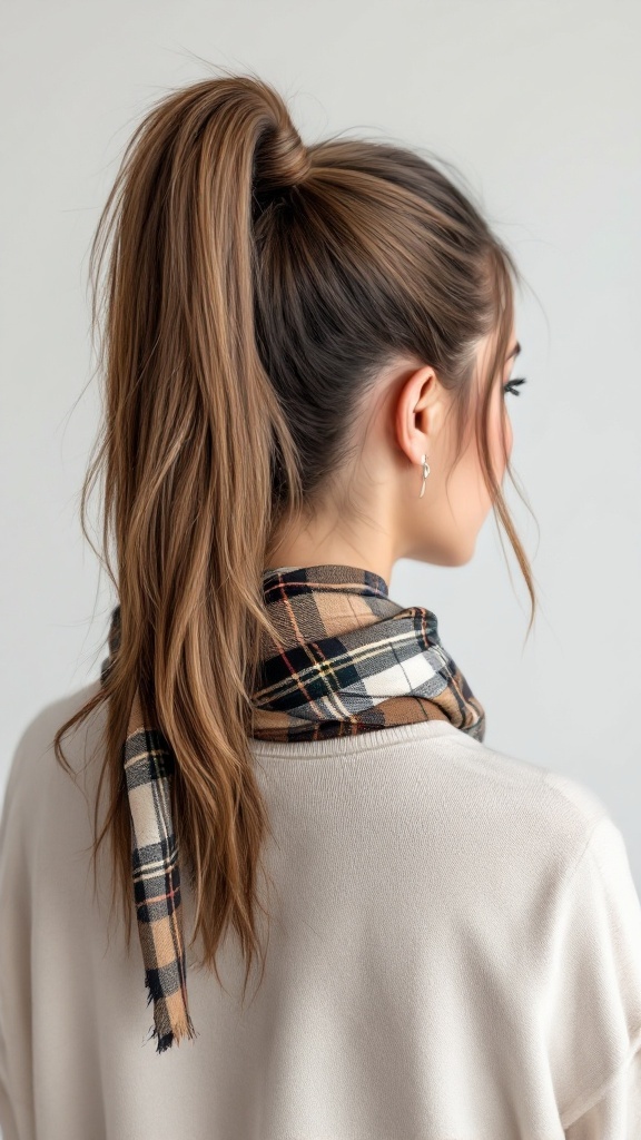 A woman with a high ponytail wearing a plaid print scarf around her neck, showcasing a stylish cowgirl hairstyle.