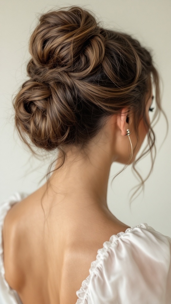A woman with a stylish retro high bun hairstyle.