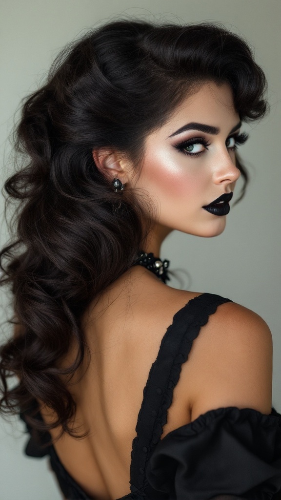 A model with wavy dark hair, bold makeup, and black attire showcasing a retro pin-up style with a gothic twist.
