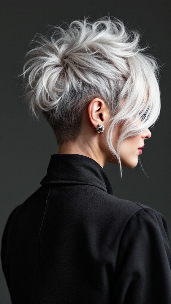 Salt-and-pepper wolf cut hairstyle showing layers and volume