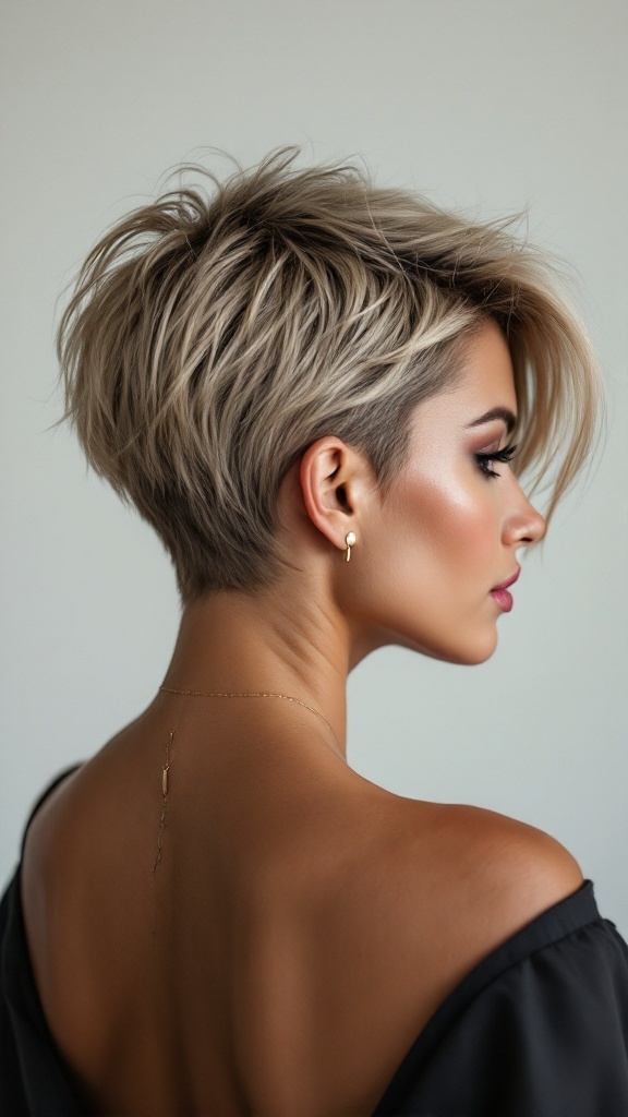 A woman with a stylish short wolf cut hairstyle, showcasing layered texture and volume.