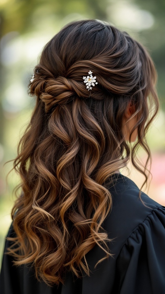 Side-swept curls hairstyle with decorative pins for graduation