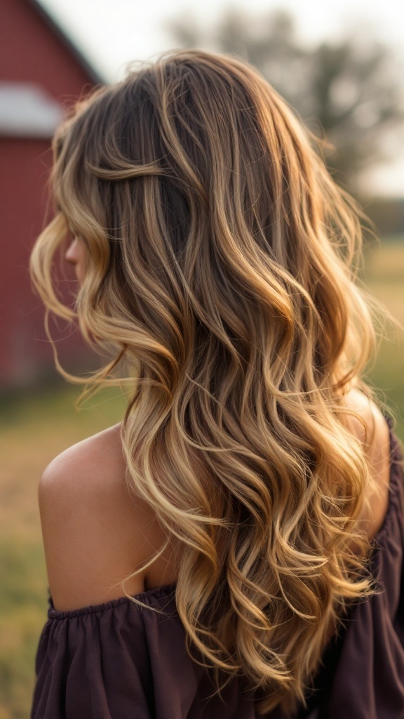 A woman with long, side-swept curls in a natural outdoor setting