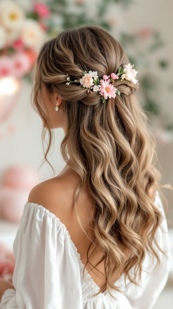 A woman with side-swept curls adorned with floral clips, showcasing a beautiful hairstyle appropriate for a baby shower.